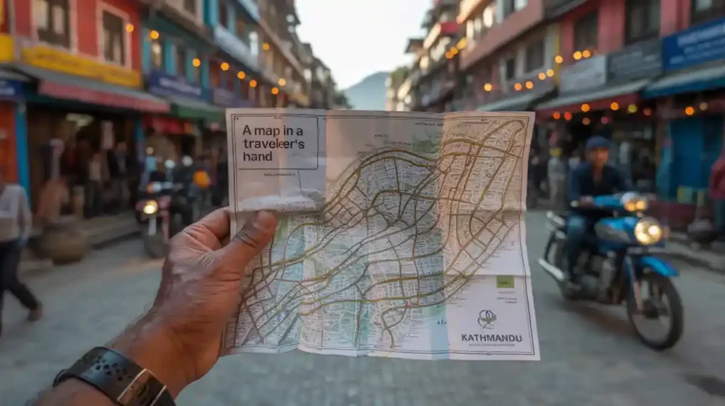 A traveler holding a map while navigating the streets of Kathmandu
