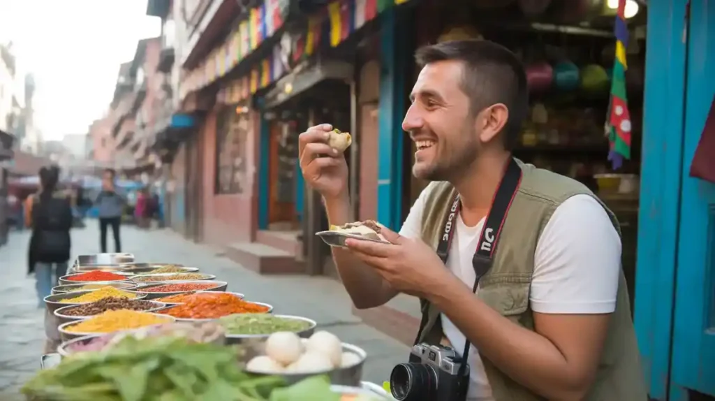 A traveler enjoying momos and tea at a street stall in Kathmandu