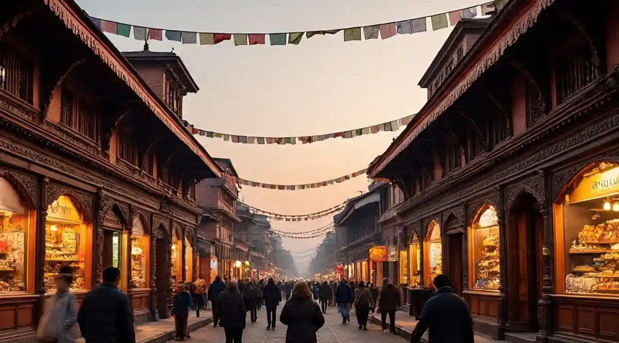 A lively street in Thamel, Kathmandu, with tourists walking under prayer flags during golden hour