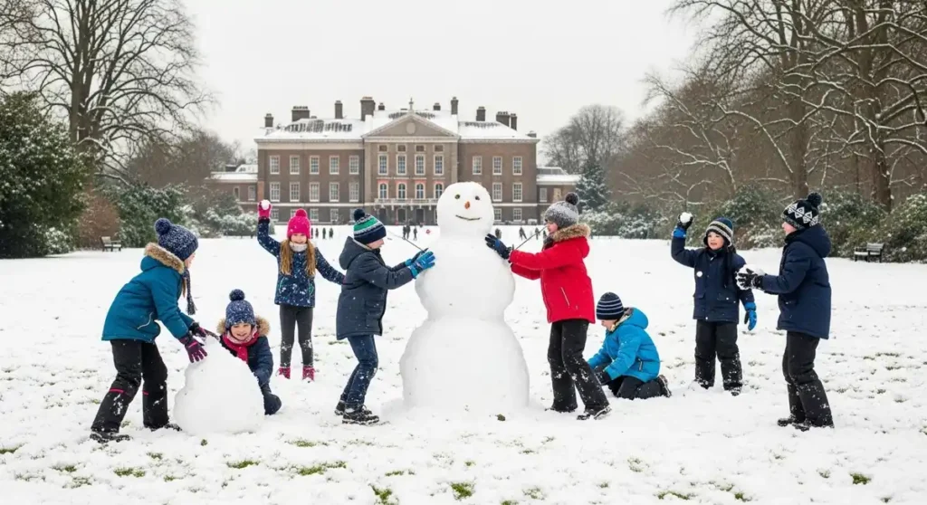 Kids building a snowman in snowy Kensington Gardens