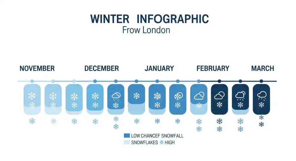 Timeline showing monthly snowfall likelihood in London