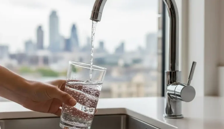 Fresh London tap water being poured into a glass with a city view
