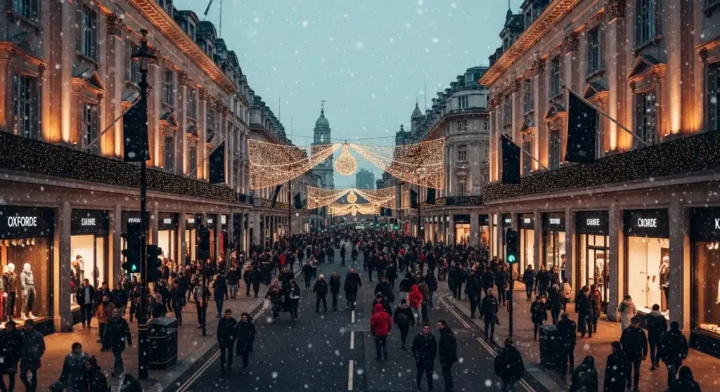 Oxford Street glowing with Christmas lights and snowflakes