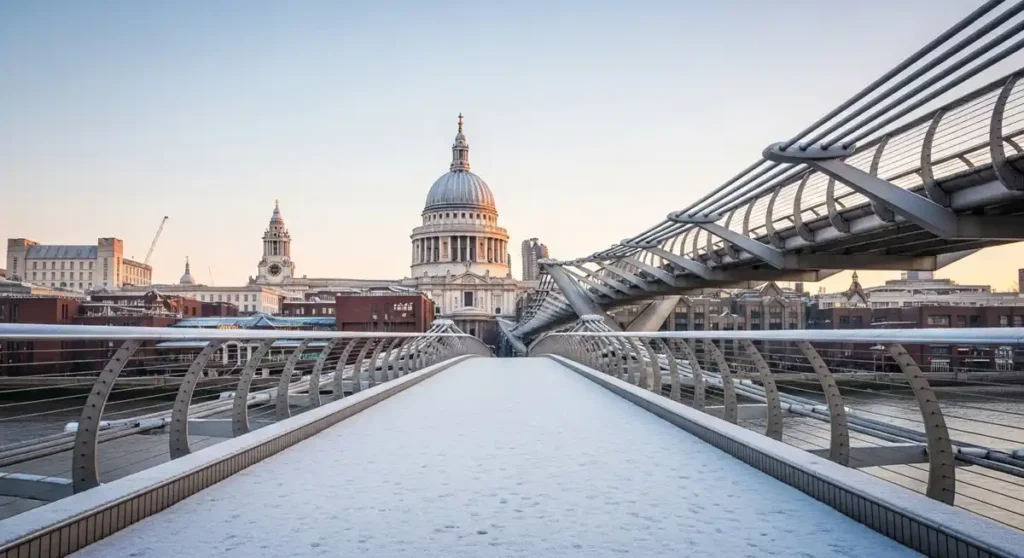 Millennium Bridge in the snow with view of St. Paul’s Cathedral