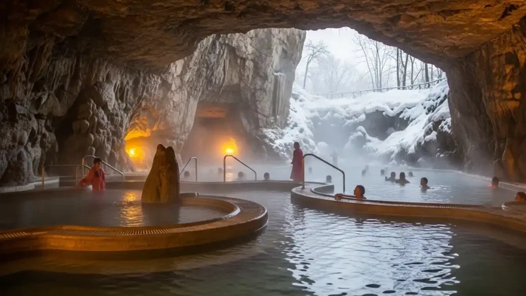Warm cave thermal pools in Miskolctapolca in winter