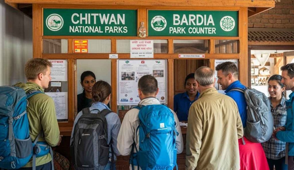 Travelers obtaining permits for Chitwan and Bardia at a national park entry office