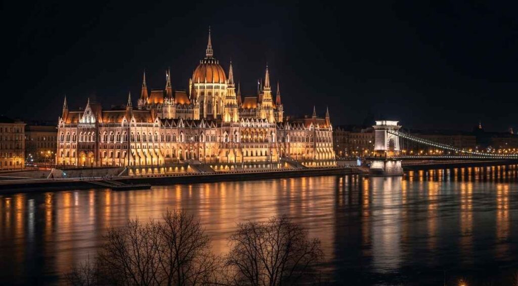 Parliament and Chain Bridge lights reflecting in Danube