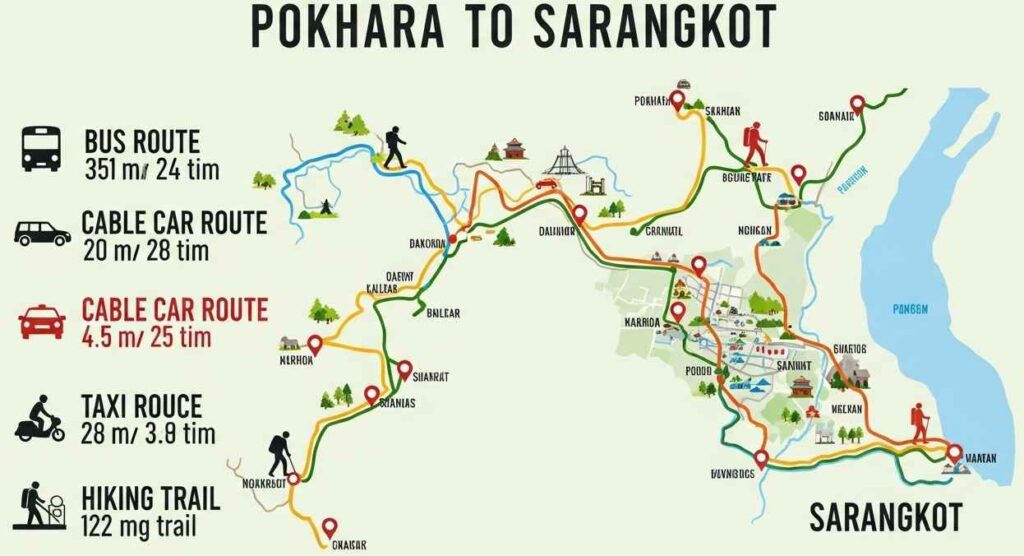 Travel routes from Pokhara to Sarangkot shown in infographic map
