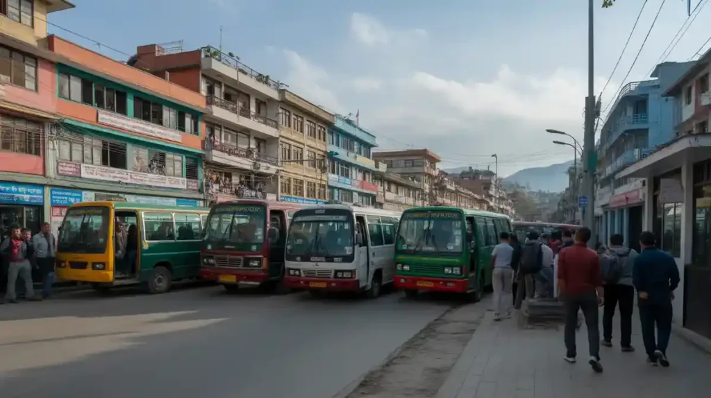 Travelers boarding a local mini-bus at Ratna Park Bus Station in Kathmandu.