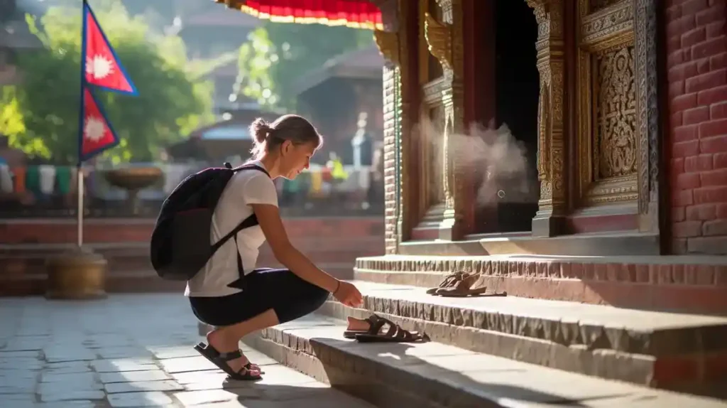 A tourist respectfully removing shoes before entering a temple