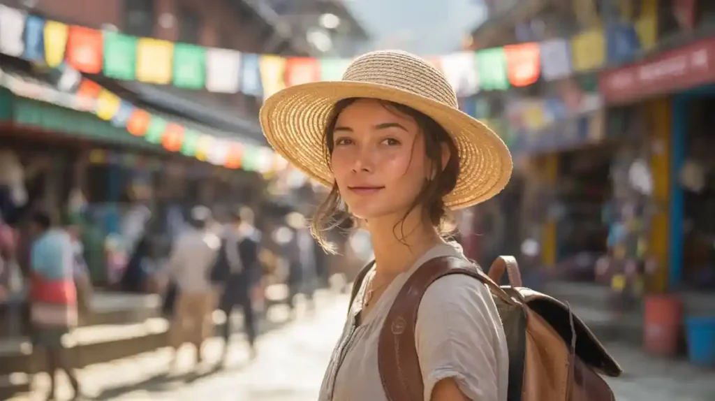 A solo female tourist walking safely in Thamel during the day