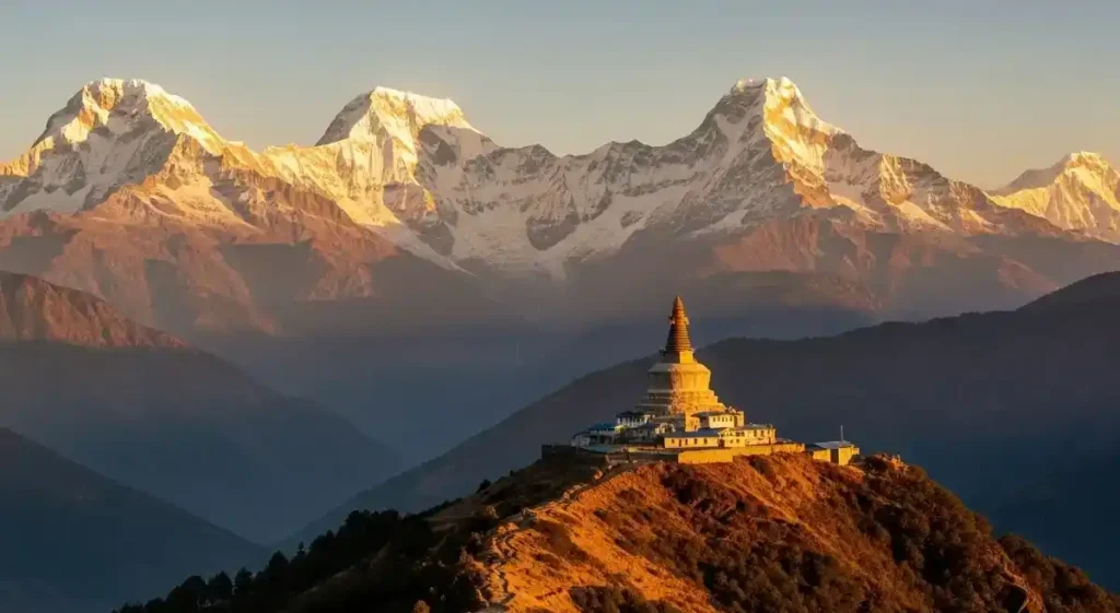 Golden sunrise view of Annapurna and Fishtail from Sarangkot
