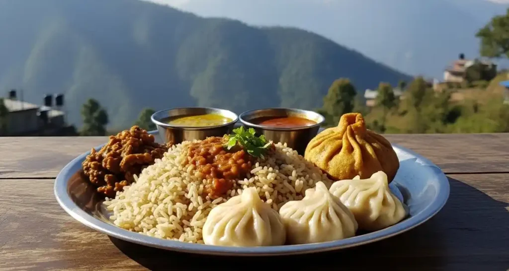 Traditional Nepali food with mountain view in Sarangkot café