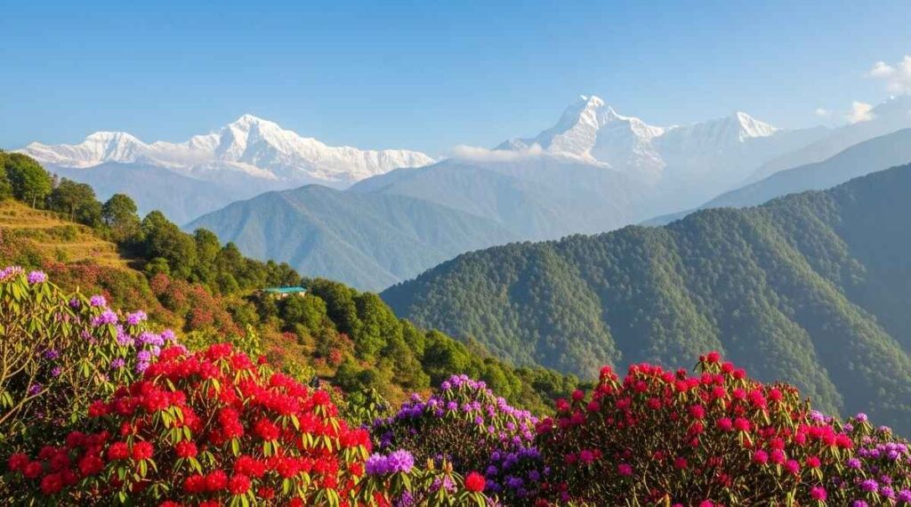 Spring morning in Sarangkot with blooming rhododendrons