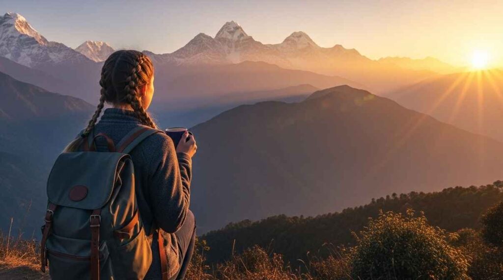 Traveler watching sunrise in Sarangkot with coffee in hand