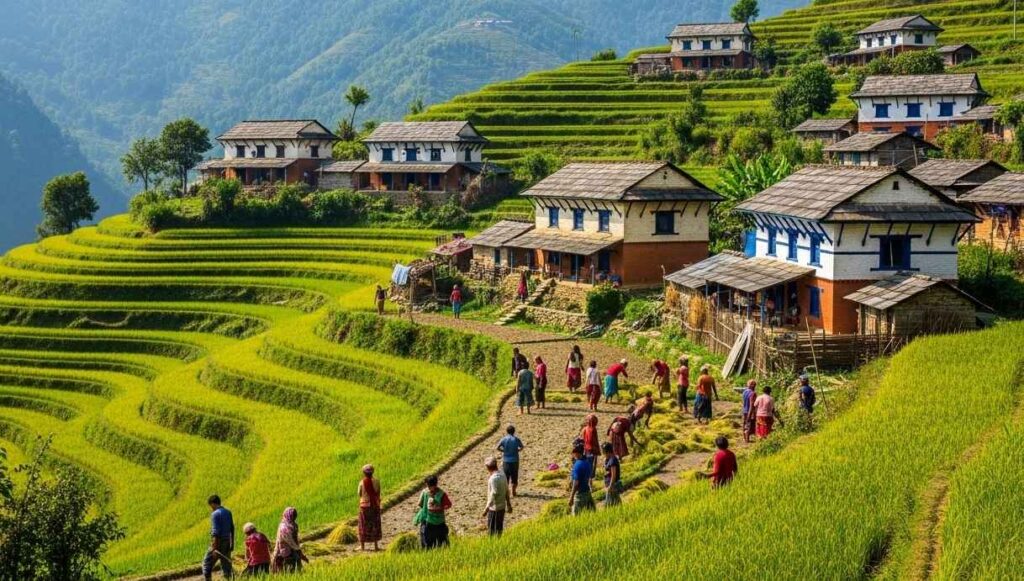 Local village life near Sarangkot with traditional houses