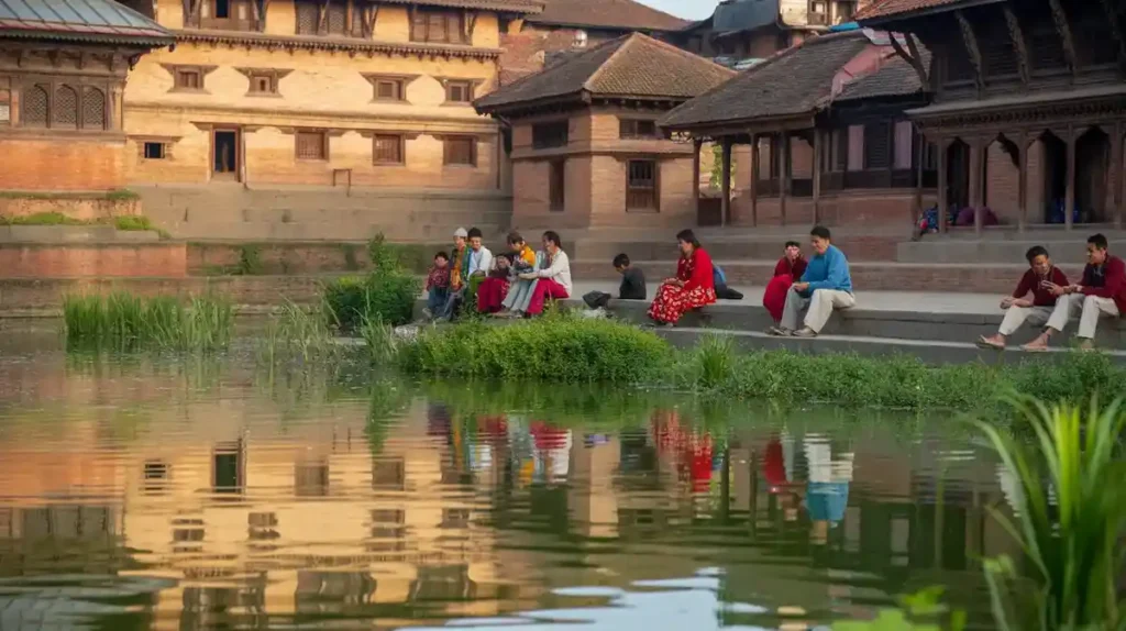Locals relaxing near the peaceful waters of Siddha Pokhari in Bhaktapur.