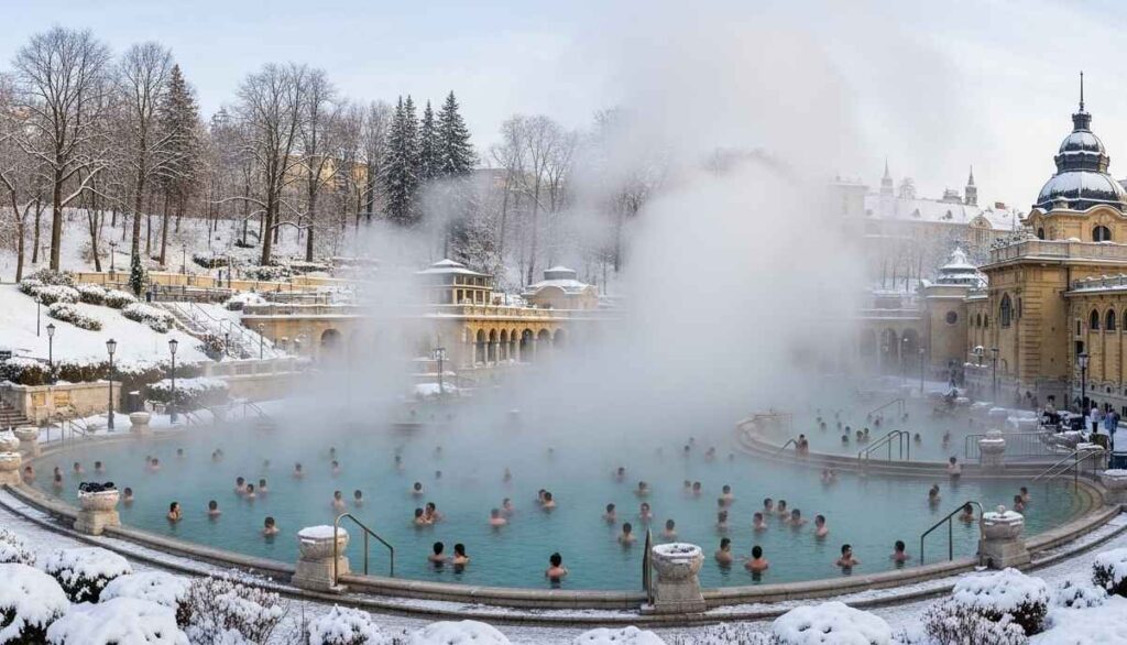 Széchenyi Thermal Bath with steam and snow during winter