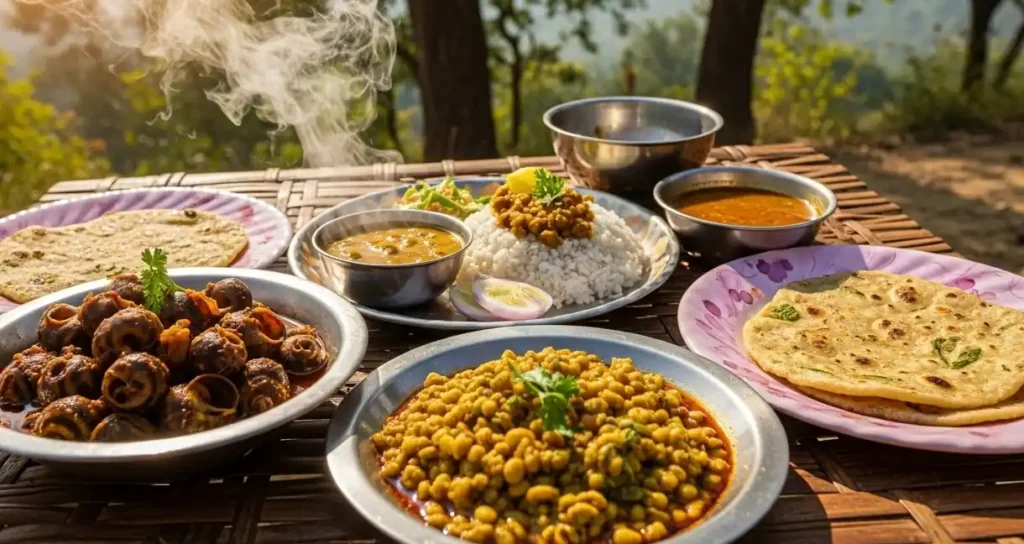 Tharu and Nepali dishes including dhikri, ghonghi, and dal bhat served outdoors