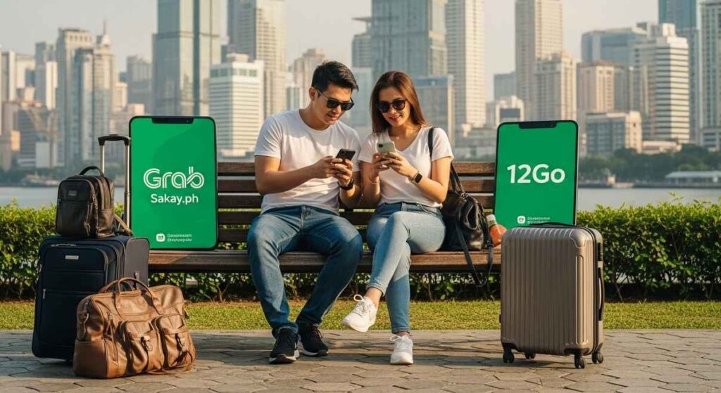 Tourists using travel and transport apps in Makati City.