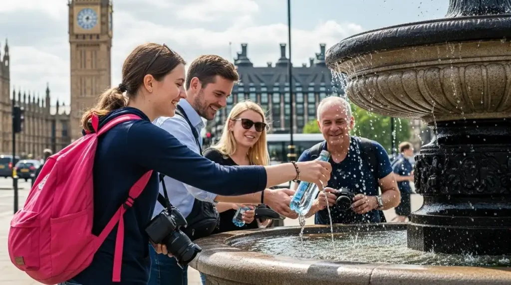 Tourists refilling bottles at a London water fountain