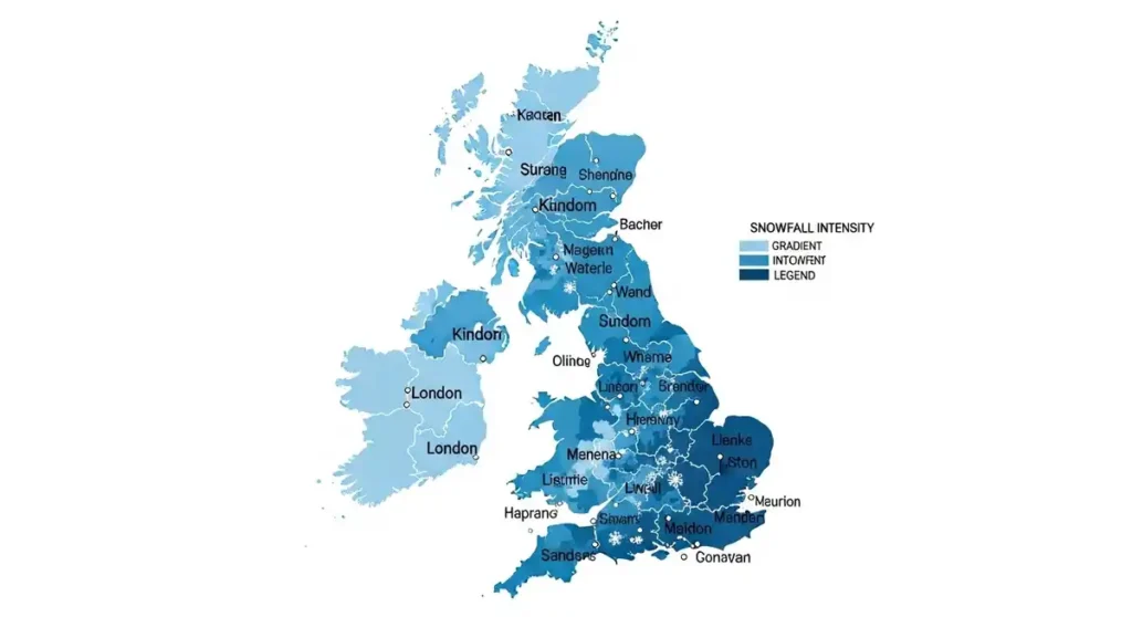 Snowfall comparison map of UK with London marked as low snow zone