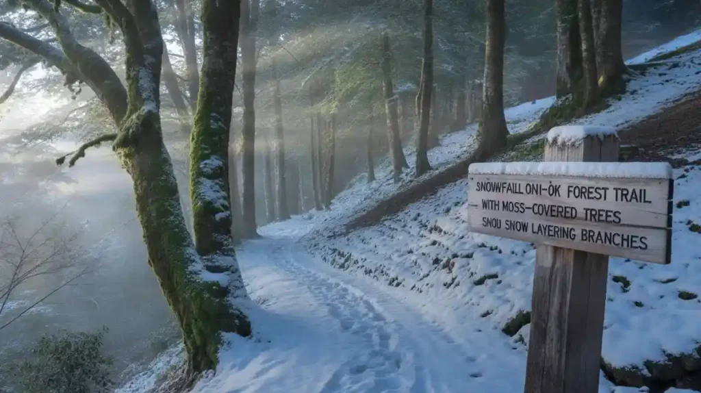 Snow-covered forest trail in Phulchowki during winter