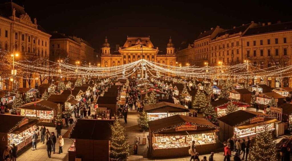 Vörösmarty Christmas Market with festive stalls and lights