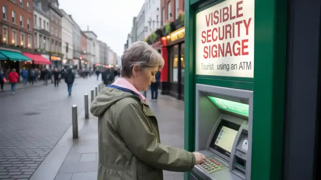 Safe ATM usage in Ireland with tourist withdrawing cash