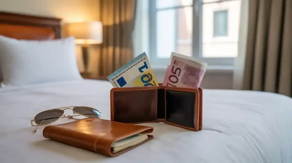 Wallets with euros and pounds showing travel currency in Ireland
