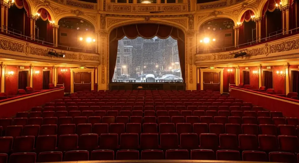 London theatre interior on a snowy evening