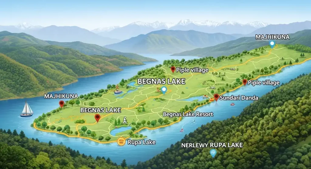 Illustrated 3D-style tourist map of Begnas Lake with landmarks and trails near Pokhara, Nepal.