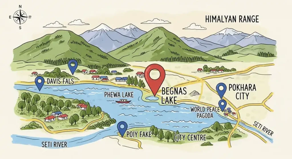 Map showing Begnas Lake’s location in Pokhara Valley, Nepal.