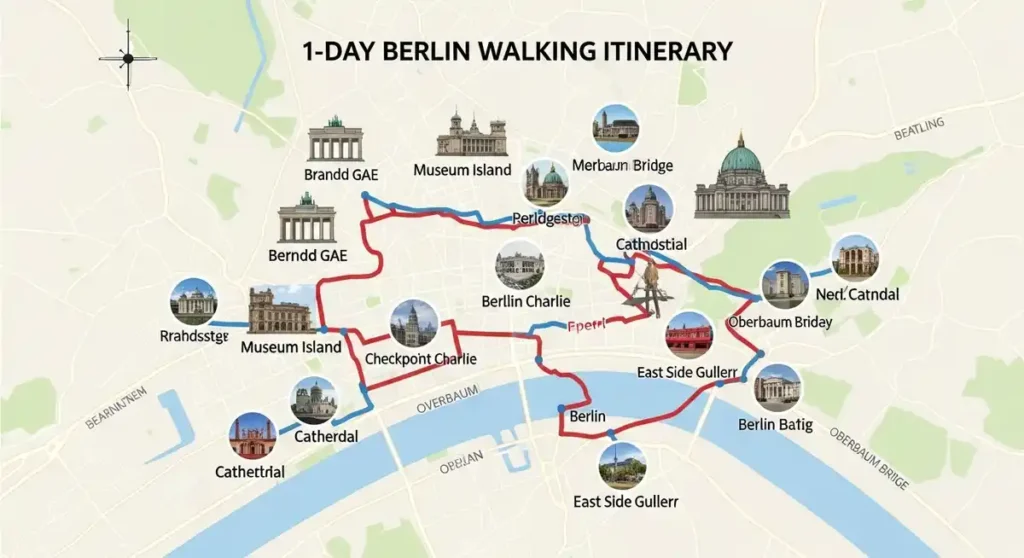Illustrated map of Berlin showing a 1-day walking itinerary with major tourist attractions marked