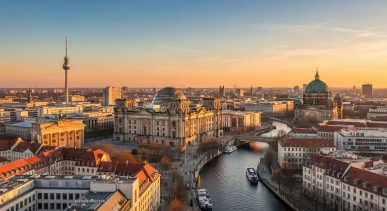Panoramic view of Berlin skyline with key landmarks at golden hour