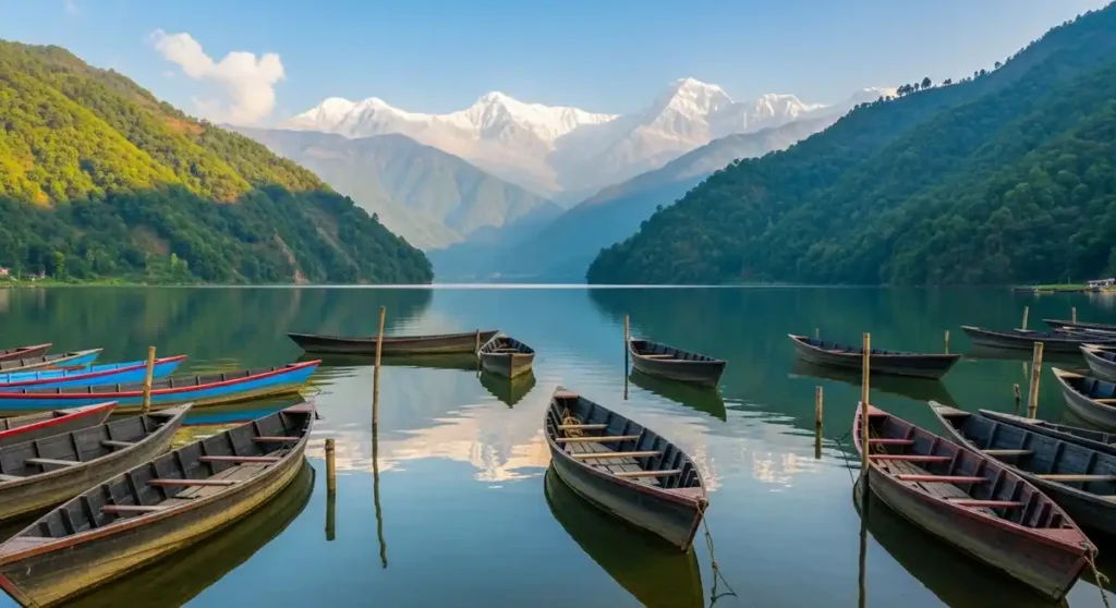 Wooden boats floating on Begnas Lake with mountains in the background.