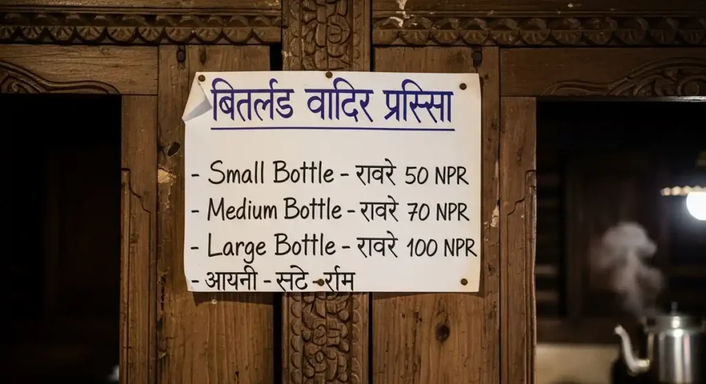 Bottled water price sign in a Nepali mountain teahouse.