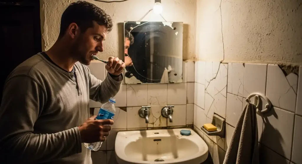 Traveler brushing teeth with bottled water in Nepal guesthouse.