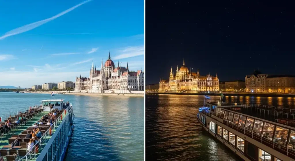 Split-screen comparison of Budapest day cruise vs night cruise