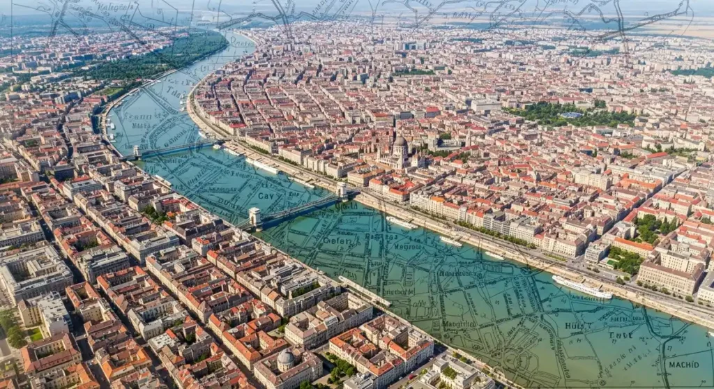 Vintage Budapest map overlay on modern Danube aerial photo