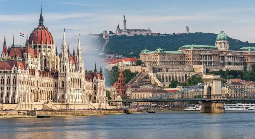 Collage of Budapest landmarks seen from a Danube river cruise