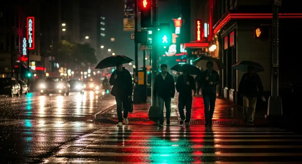 Night street in Budapest with green pedestrian crossing signal