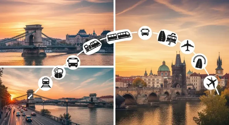 Scenic collage of Budapest and Prague with travel connections