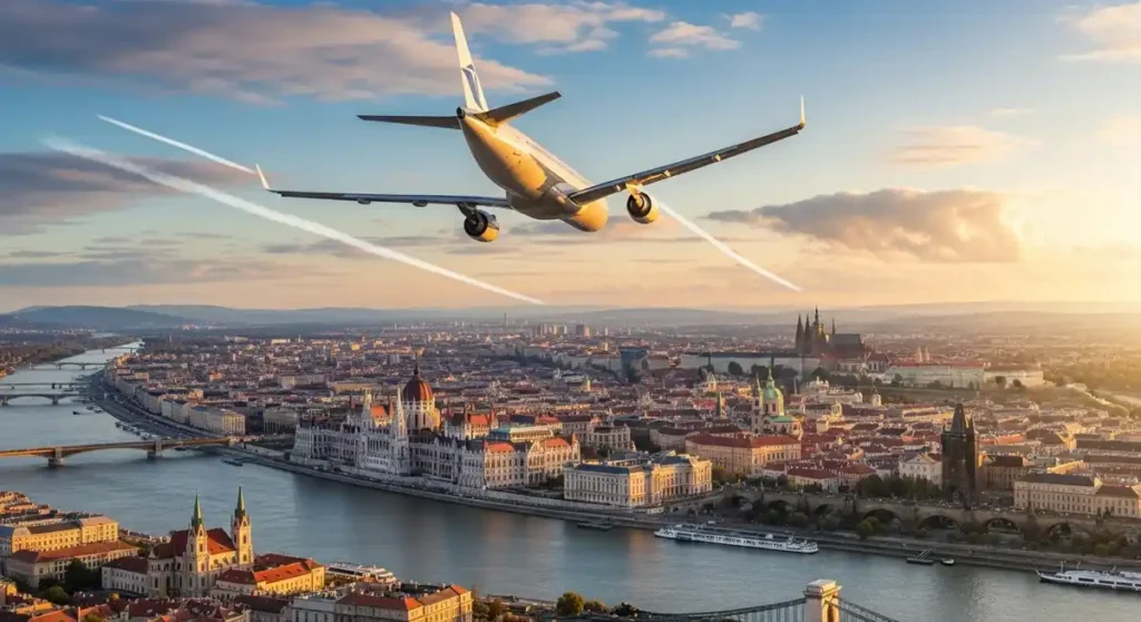 Airplane flying between Budapest and Prague