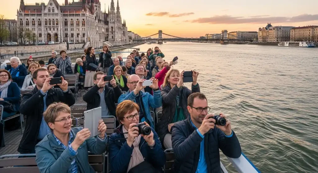 Tourists photographing Parliament on sightseeing cruise