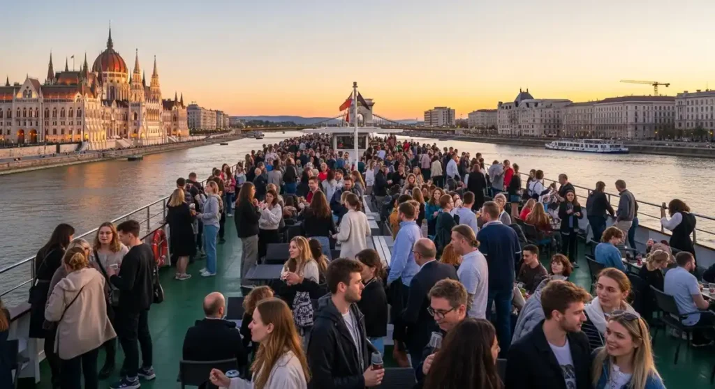 Summer Budapest cruise with lively crowd and golden lighting