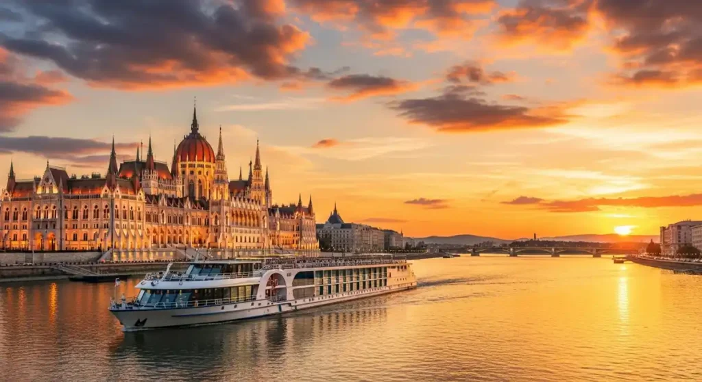 Golden hour Budapest sunset cruise with Parliament in view