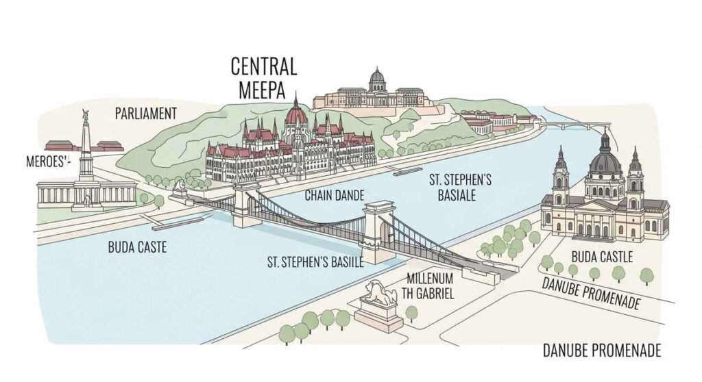 Simple illustrated walking map of central Budapest linking key sights by the Danube