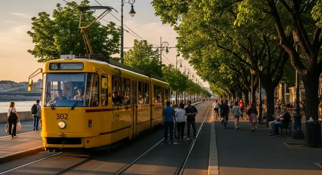 Classic yellow tram rolling beside a pedestrian path along the Danube