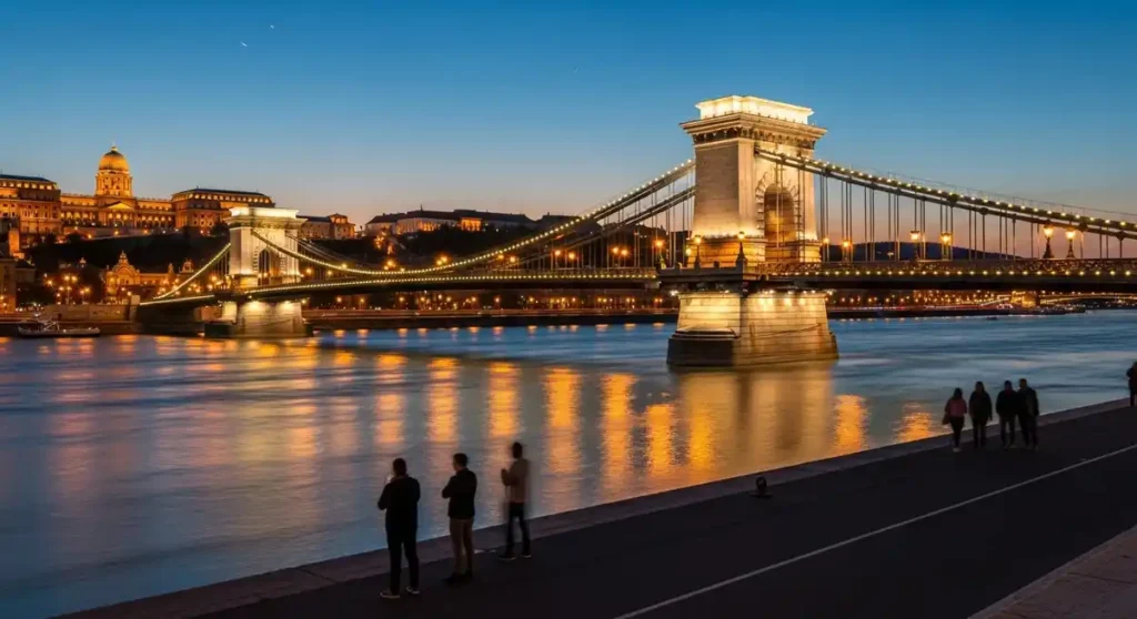 Chain Bridge illuminated at night with reflections on the Danube